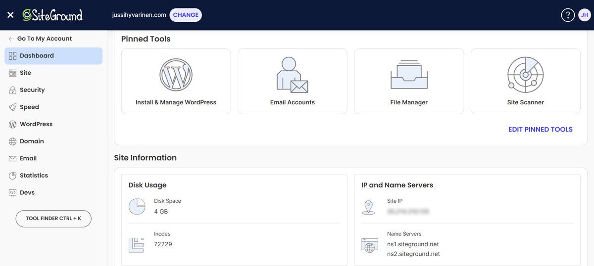 Siteground-hallintapaneeli Siteground hallintapaneeli