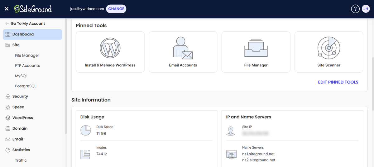 Siteground-dashboard Site Tools dashboard