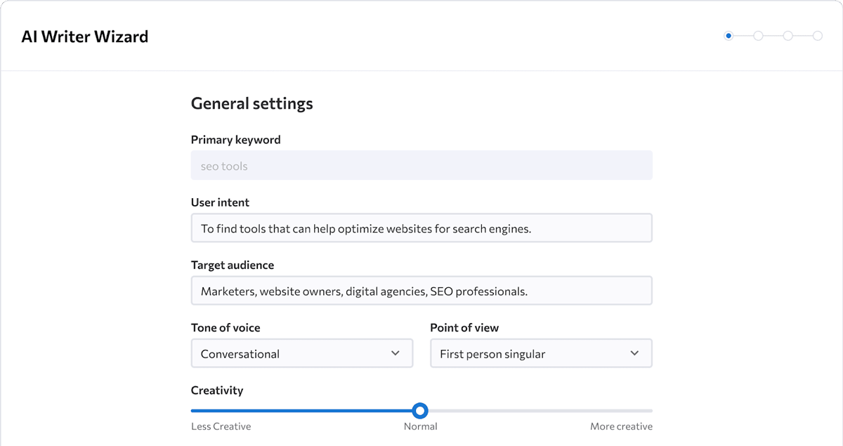 se-ranking-ai-writer-image2 AI Writer’s Wizard to set the parameters for your article