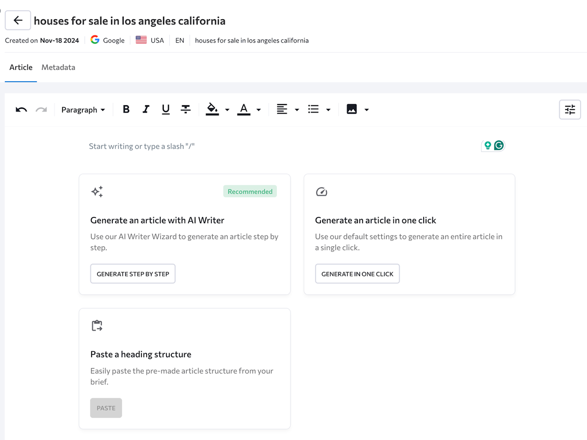 se-ranking-ai-writer-image3 Generate in one click” button is available in an empty document