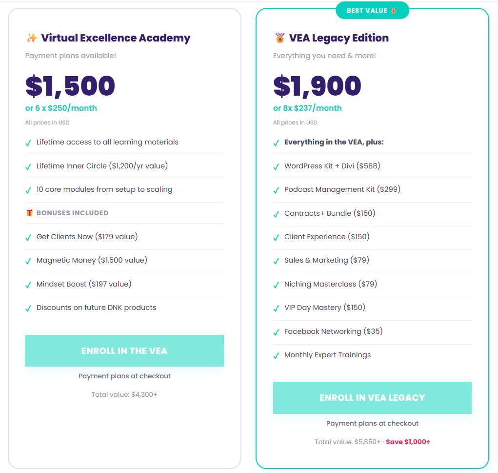 Virtual Excellence Academy pricing